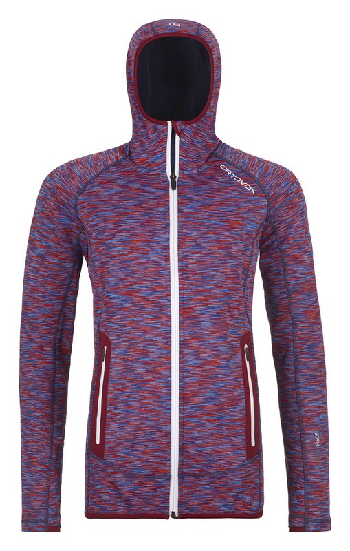 Gestreifter Ortovox Fleece Dyed Hoody in rot/blau mit Kapuze und durchgehendem, weißen Reißverschluss.