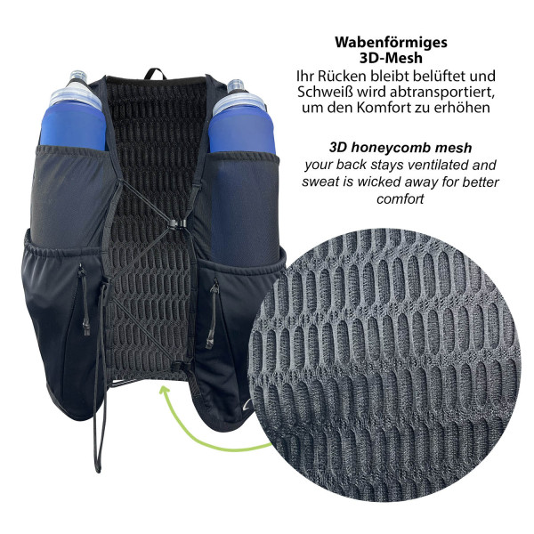 Schwarze Trinkweste 8L Schwarze Running Trinkweste Hydrabag Elite 8L mit zwei Trinkflaschen und wabenförmigem 3D-Mesh am Rücken.