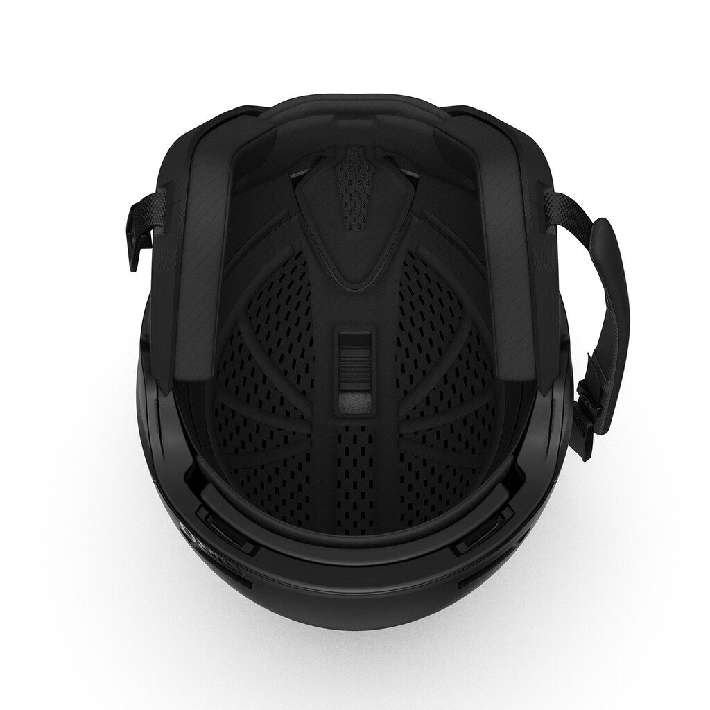 Schwarzer Giro Owen Skihelm Innenansicht eines schwarzen Giro Owen Spherical MIPS Skihelms, Fokus auf Belüftung und Passformsystem.