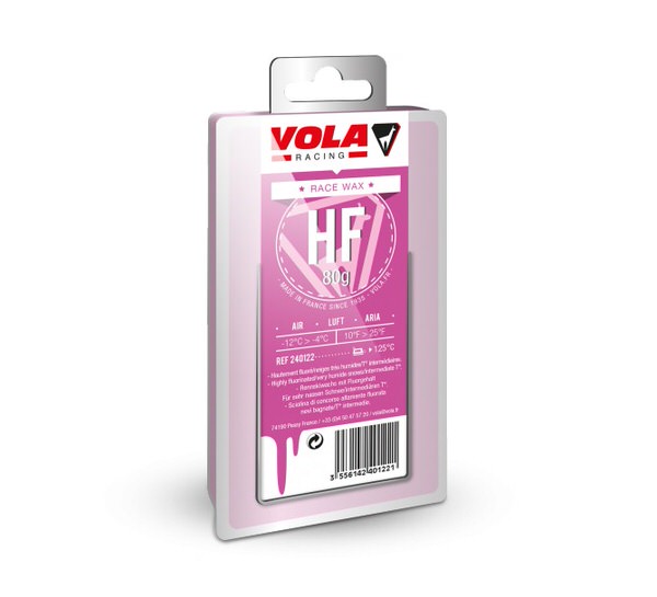 Verpackung Vola Racing Race Violet HF 80g Rennwachs in Weiß/Lila mit Temperatur- und Fluor-Hinweisen.