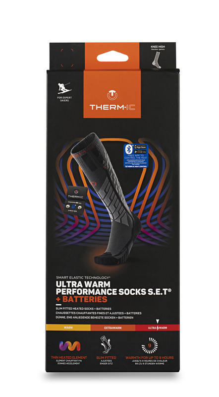 Thermic Ultra Warm Skisocken Verpackung der Thermic Ultra Warm Performance Skisocken mit Batteriepack.