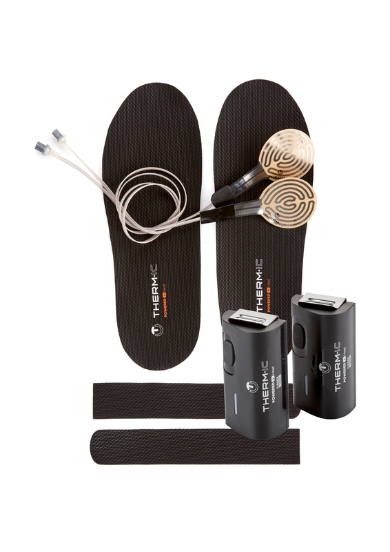Therm-ic Set: Sohlen, Heizelemente, Akkus und Befestigungsbänder für beheizbare Skischuhe.