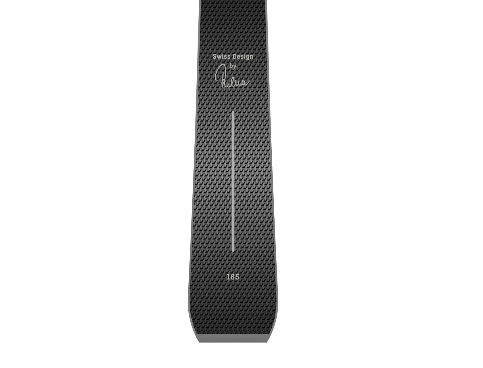 Ramser Black LTD Ski-Ende Detailaufnahme des Ramser Black LTD Ski-Endes mit Muster, Schriftzug "Swiss Design" und Größenangabe.