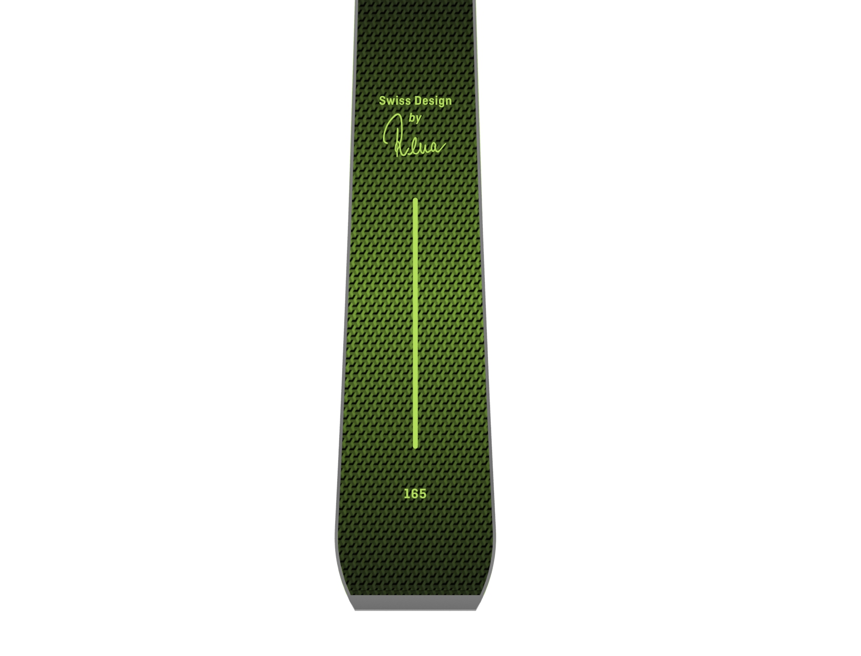 Grüne Snowboard-Oberseite Grüne LTD Snowboard-Oberseite mit Wabenmuster, 'Swiss Design' Schriftzug, grüner Linie und Größenangabe.