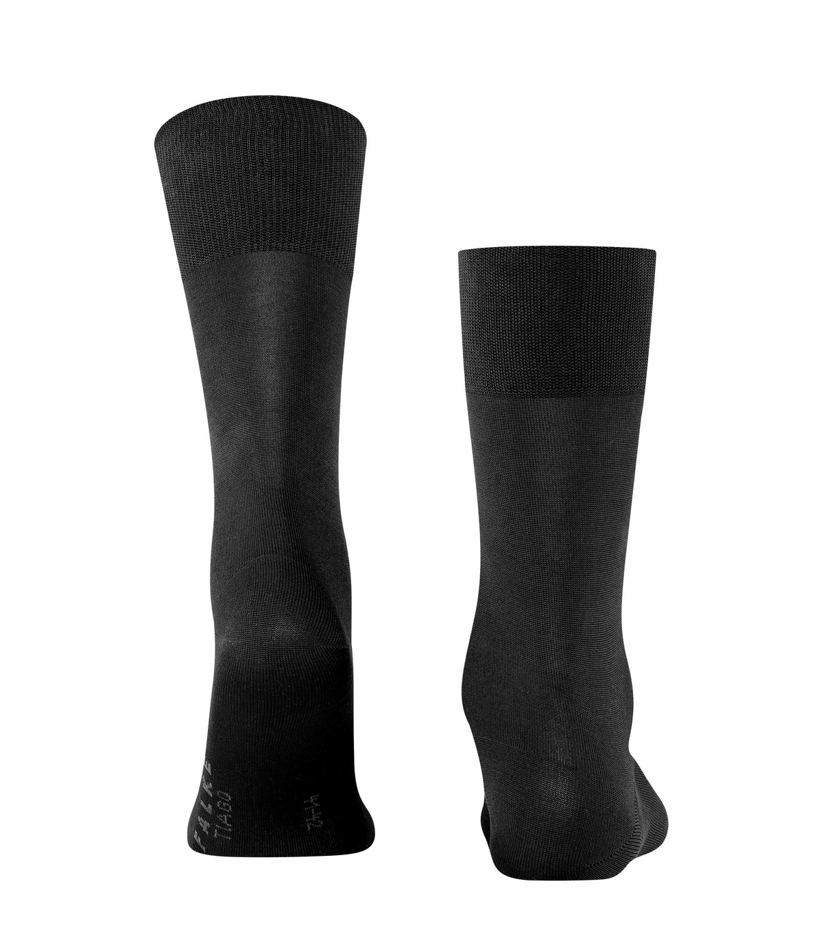 Zwei schwarze Tiago Herren Socken von FALKE, stehend auf weißem Grund, Detailaufnahme.
