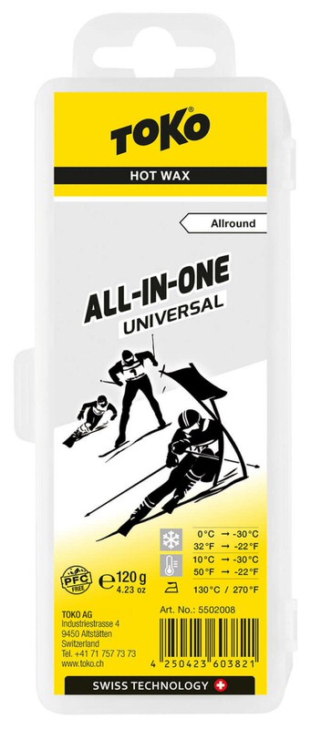 Toko All-in-One Skiwachs Verpackung von Toko All-in-One Universal Skiwachs, gelb-weiß mit Skifahrer-Illustration und Temperaturangaben.
