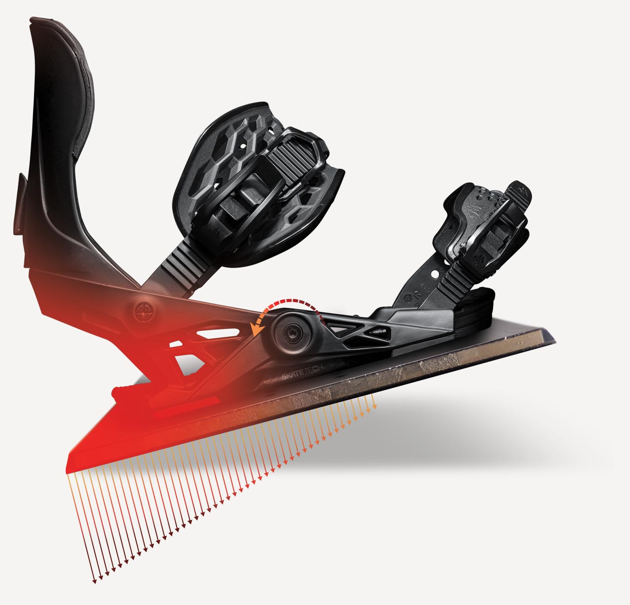 Schwarze Jones Apollo Bindung Schwarze Jones Apollo Pro Snowboardbindung mit roter SKATETECH-Technologie-Visualisierung.