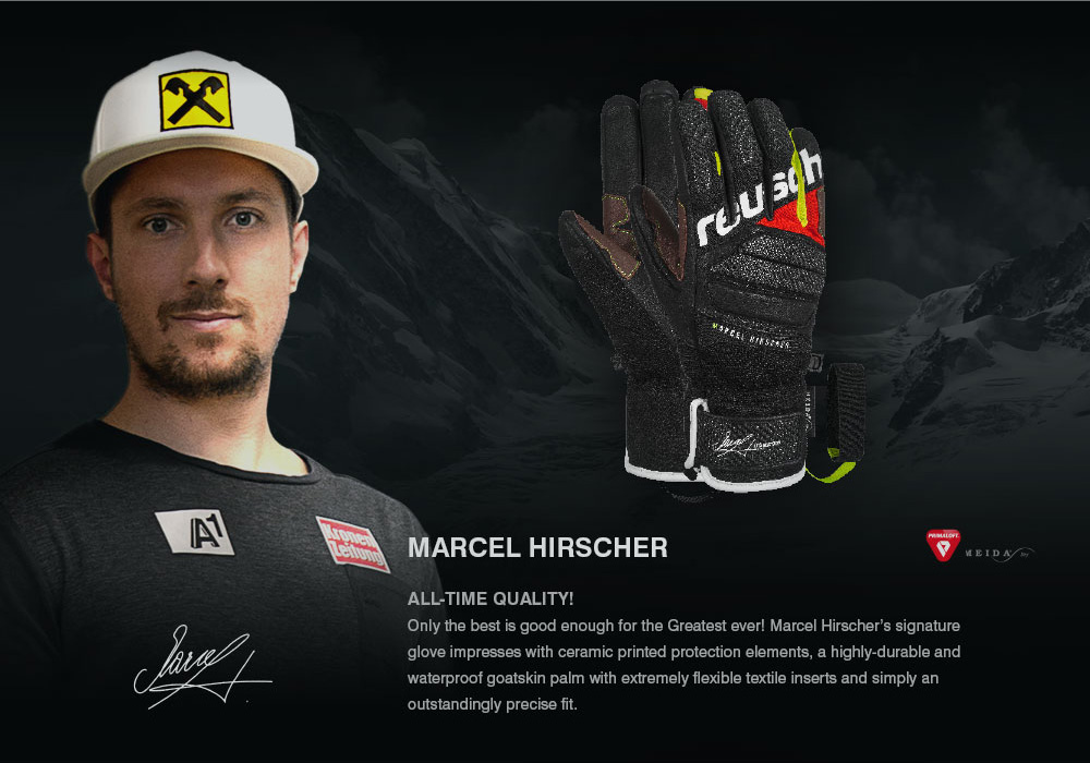 Marcel Hirscher Signature Handschuh: Schwarzer Lederhandschuh mit farbigen Akzenten.