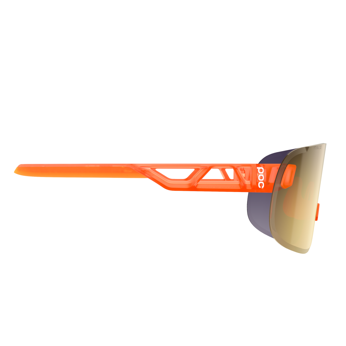 POC Elicit Sonnenbrille Seitliche Ansicht einer POC Elicit Sonnenbrille. Fluoreszierend orangefarbener Rahmen, violett-goldene Spiegellinse.