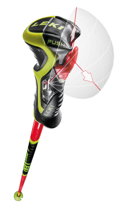 LEKI Trigger 3D – die Evolution einer Innovation Ein Ski- oder Wanderstock von Leki mit einer roten Handfläche unter dem Griff und roten Linien mit Pfeilen, die eine Sicherheitsauslösung demonstrieren.