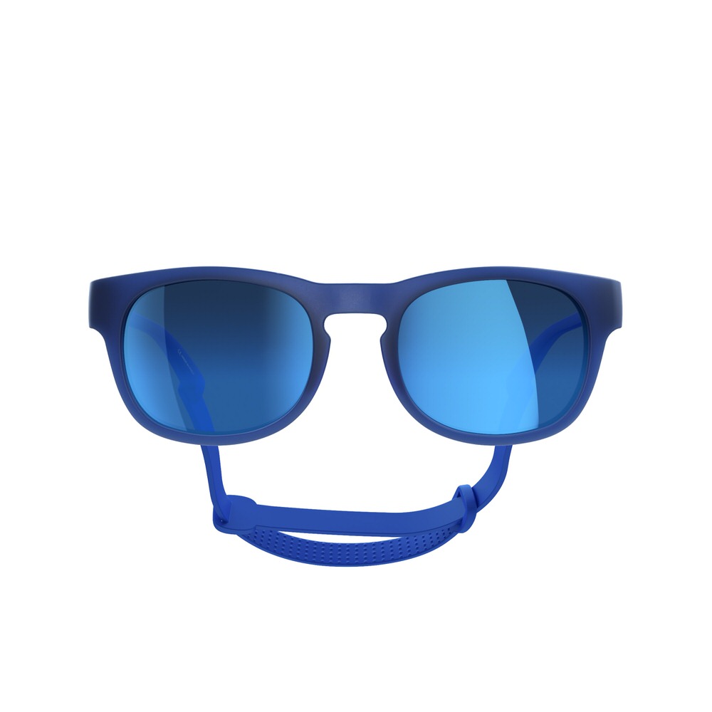 Blaue Pocito Evolve Sonnenbrille für Kinder mit blau verspiegelten Gläsern und blauem Halteband, frontal vor weißem Hintergrund.