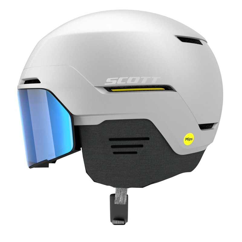 Weisser Skihelm Scott Blend Plus LS mit blauem Visier, MIPS-Aufkleber und Belüftungsöffnungen.