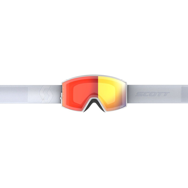 Scott Lunettes de ski React en Mineral White, verres cylindriques rouges et jaunes, bandeau blanc avec l'inscription "Scott".