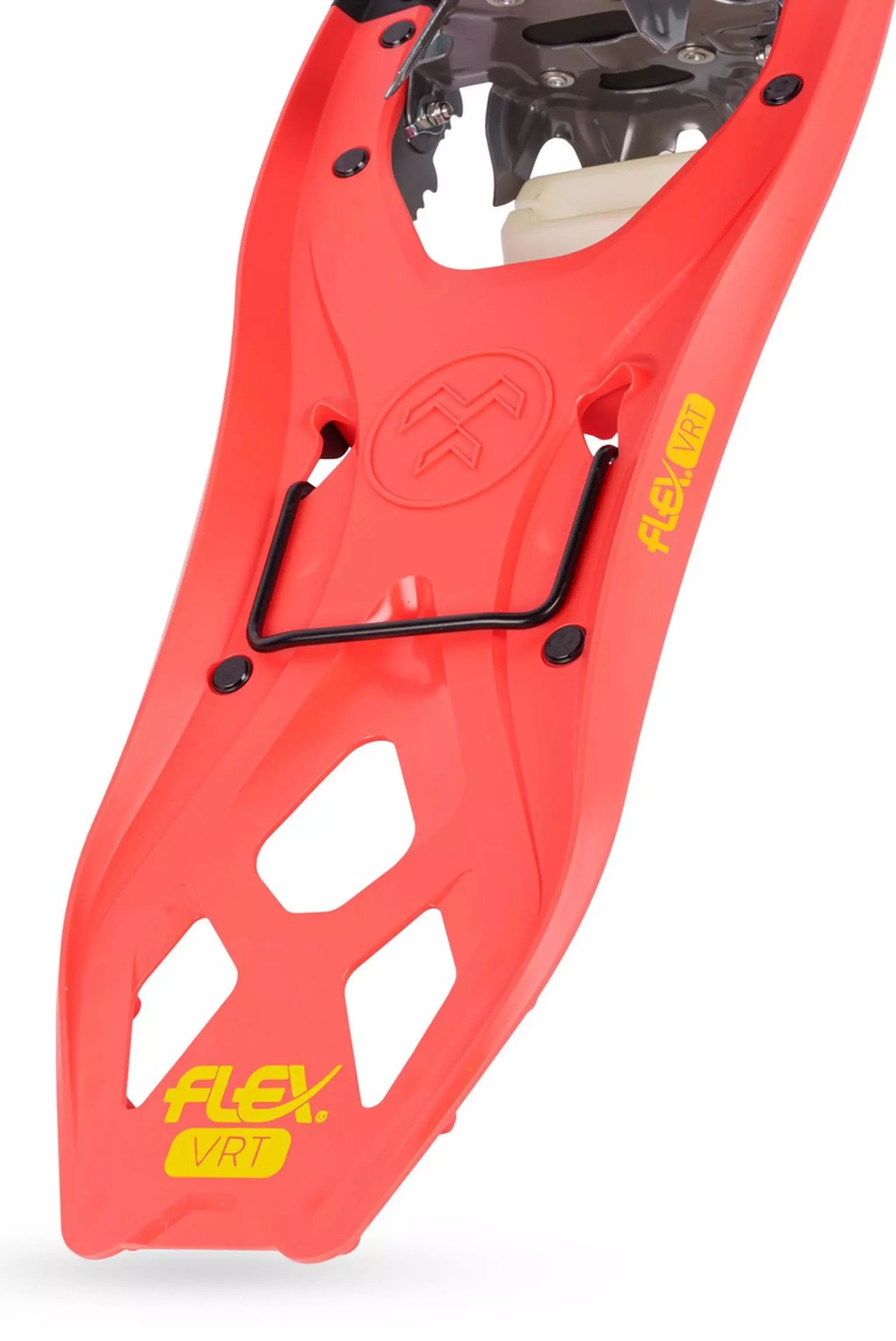 Damen Schneeschuh Korallenrot Nahaufnahme eines Tubbs Flex VRT 21 Damen Schneeschuhs in Korallenrot, der die Flex Torsion Deck Technologie zeigt.
