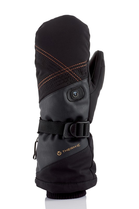 Schwarze Therm-ic Damenhandschuhe Schwarzer Therm-ic Ultra Heat Mitten Women Fausthandschuh mit goldenen Nähten und Logo, sowie einem Riemen mit Verschluss.