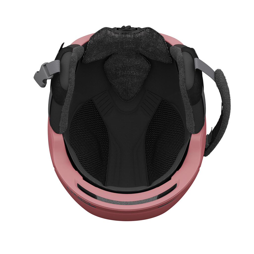 Matte Rosé MIPS Helm Detailaufnahme von oben: Matte Rosé Giro Avera MIPS Helm mit schwarzer Innenausstattung und Einstellsystem.