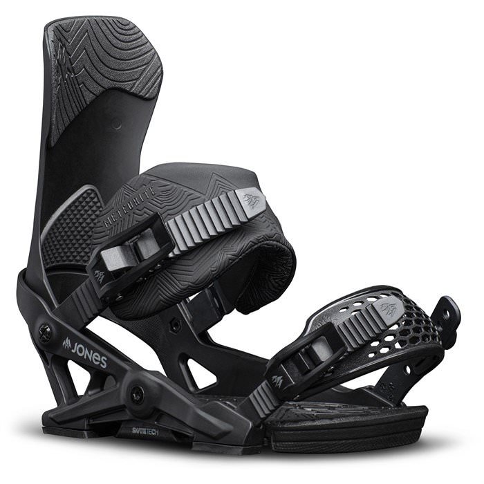 Schwarze Jones Meteorite Snowboard Bindung, seitliche Ansicht. Details wie Riemen und Highback sind erkennbar.