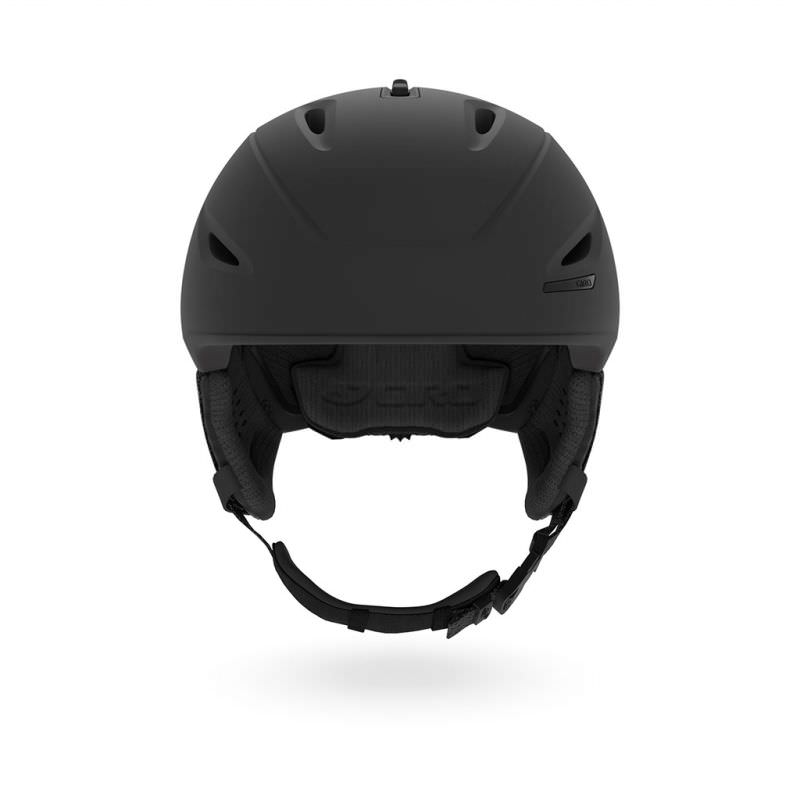 Frontale Ansicht des mattschwarzen Giro Union Mips Skihelms mit Ohrenpolstern und Kinnriemen.