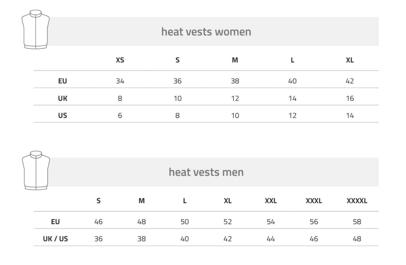 Größentabelle Lenz Heat Vest Größentabelle für Lenz Heat Vest 2.0 Unisex, nach Damen- und Herrengrößen mit EU/UK/US Angaben.