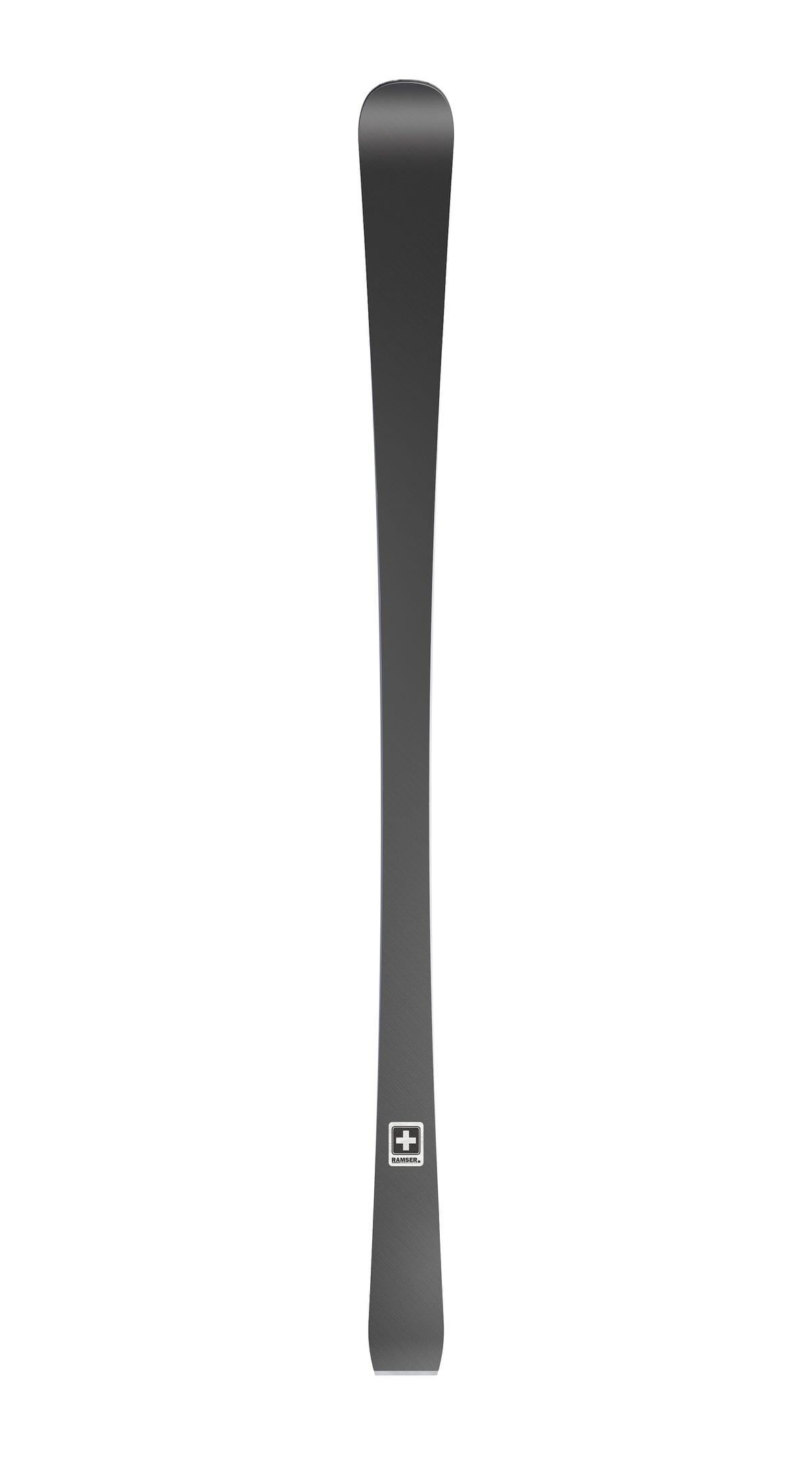 Ramser White Ski Einzelner Ski der Marke Ramser White, von oben bis unten ausgerichtet.