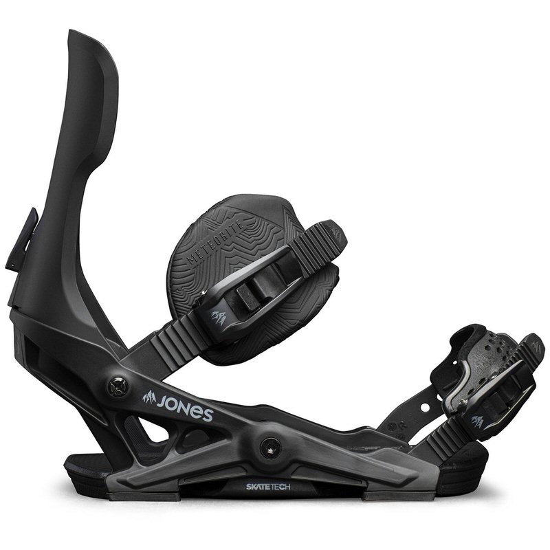 Jones Meteorite Snowboardbindung Schwarze Snowboardbindung Jones Meteorite mit hohem, gebogenem Schaft und zwei Ratschenverschlüssen.