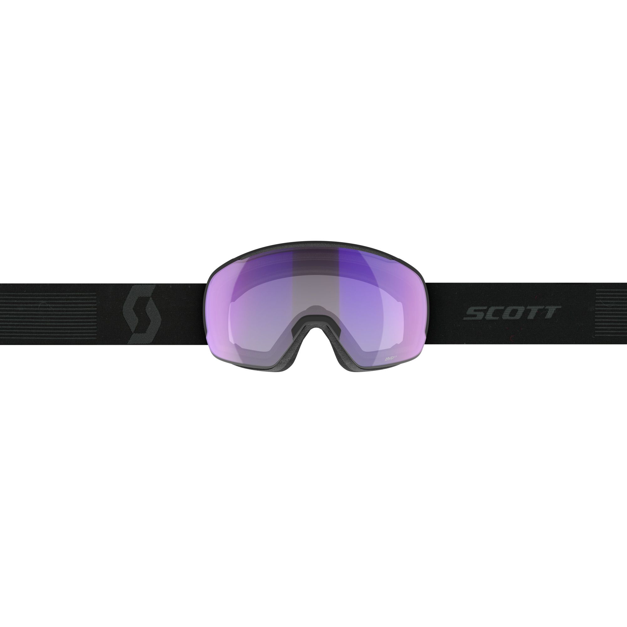 Frontansicht der schwarzen Scott Sphere OTG LS Skibrille mit lila-silberner sphärischer photochromer Scheibe.
