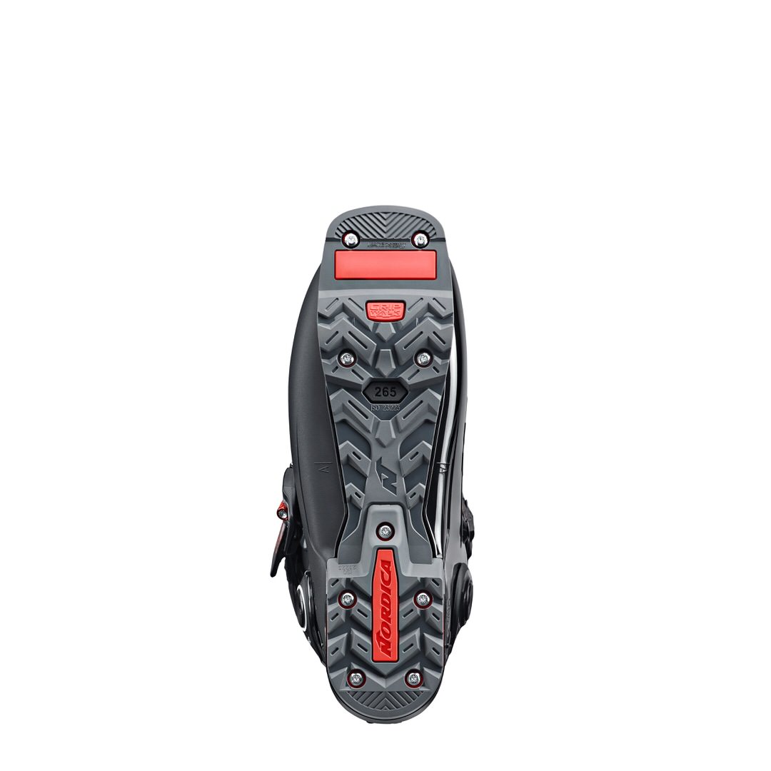 Nahaufnahme der Sohle des Nordica HF Pro 130 GW Skischuhs mit GripWalk, in schwarz und anthrazit.