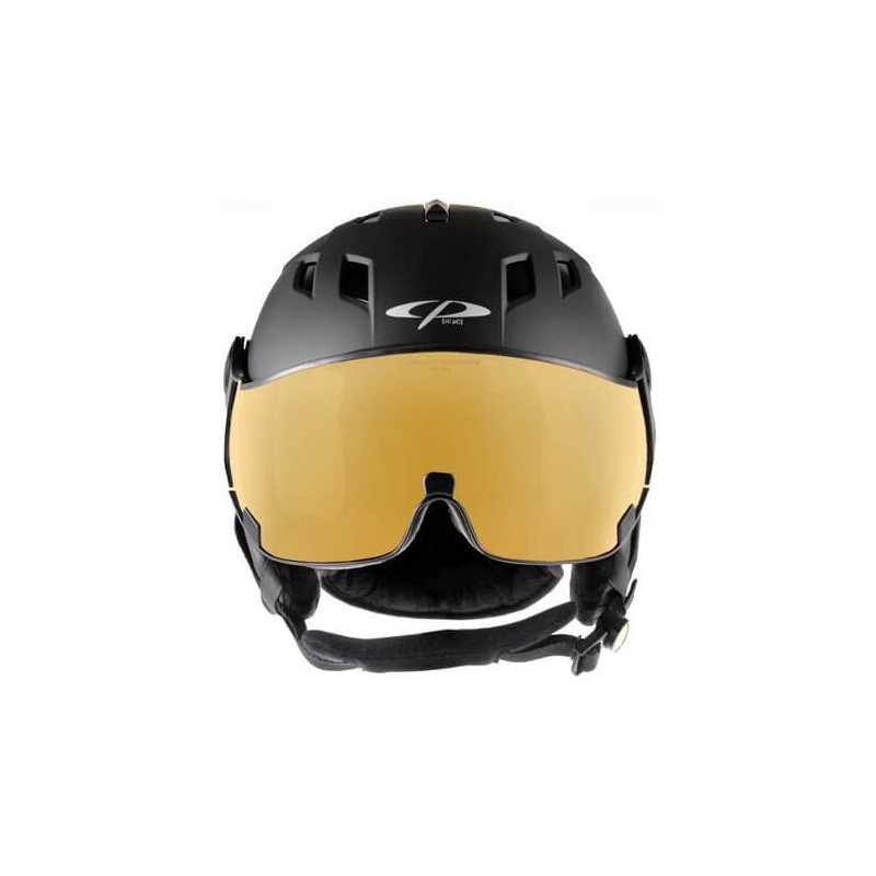 Schwarzer Ski Helm CORAO+ Schwarzer CP Ski Helm CORAO+ mit goldenem Visier, Frontansicht.