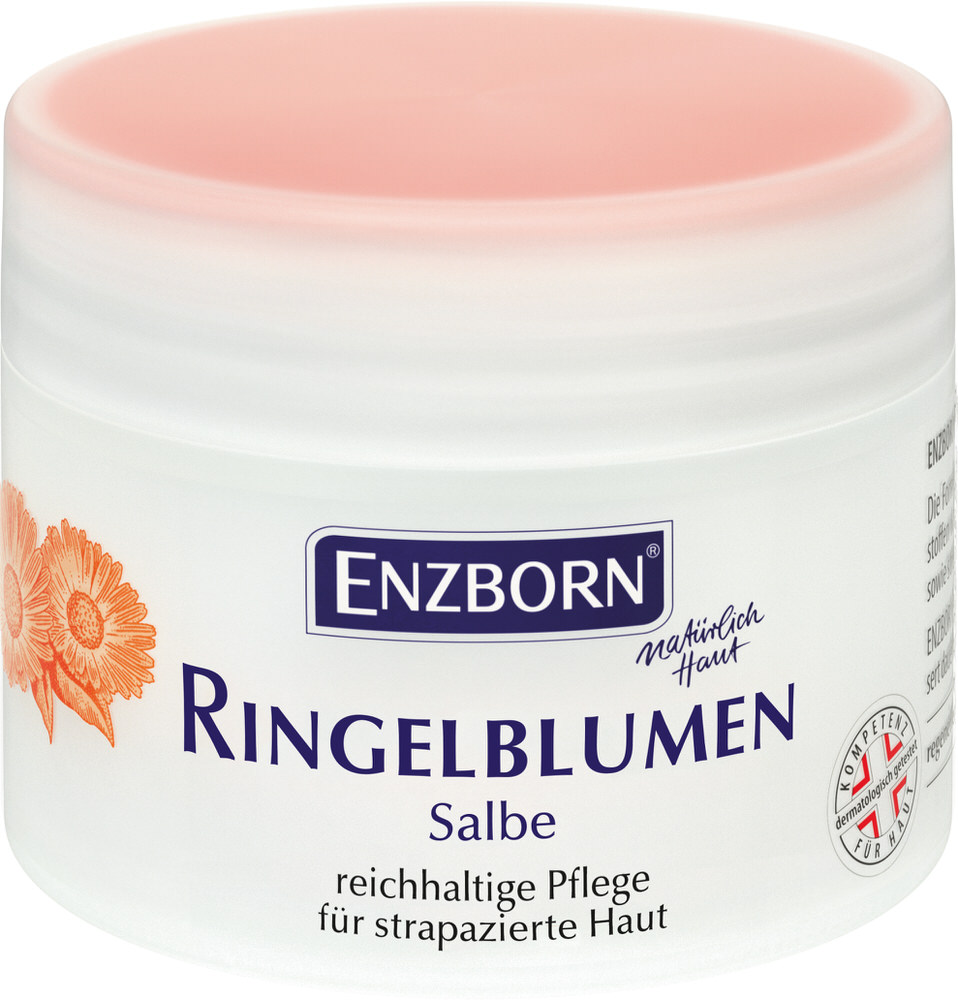 Weisse Dose der Ringelblumensalbe von ENZBORN mit Ringelblumen-Illustration.