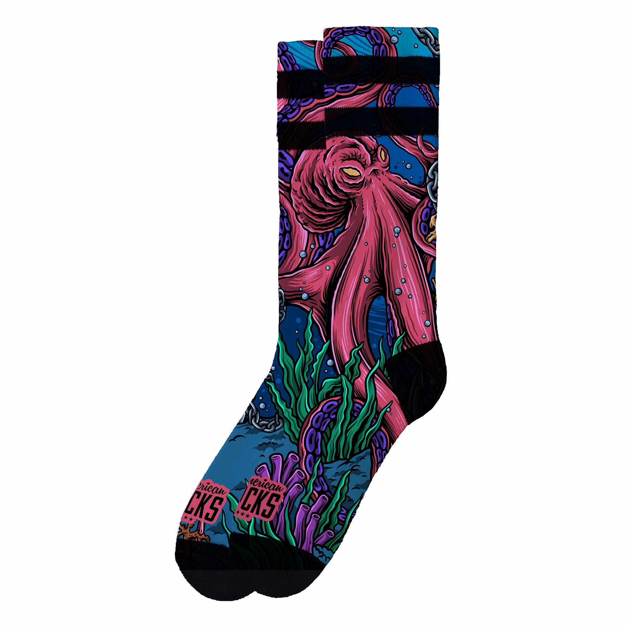 Chaussette poulpe bleu Une chaussette de la boîte cadeau Seacreatures avec un motif de poulpe et d'algues sur fond bleu.