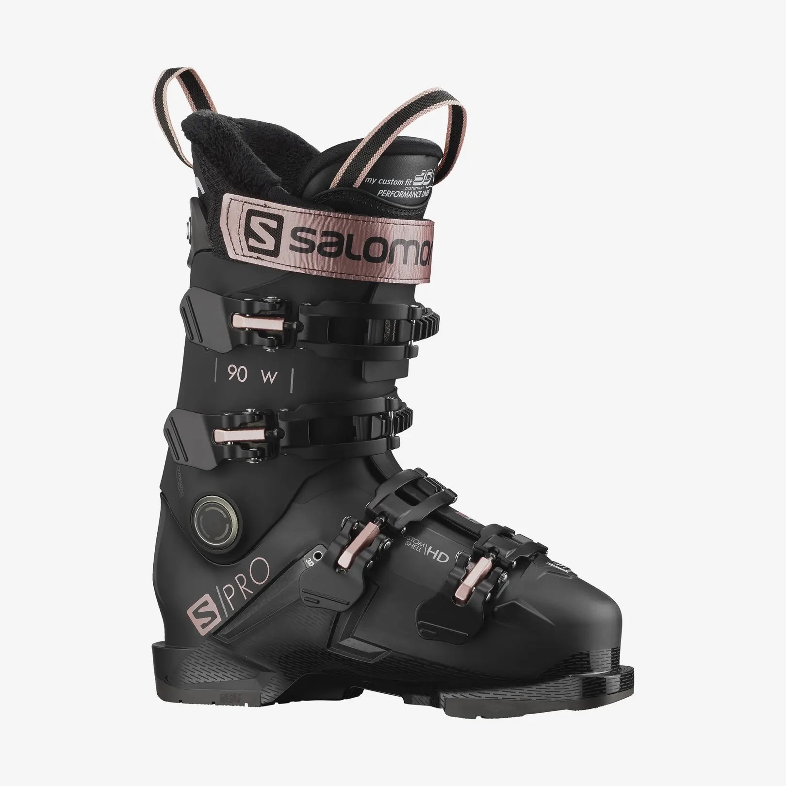 Schwarzer Salomon S/PRO MV 90W Skischuh, seitliche Ansicht, mit Schnallen und Logo in Roségold.
