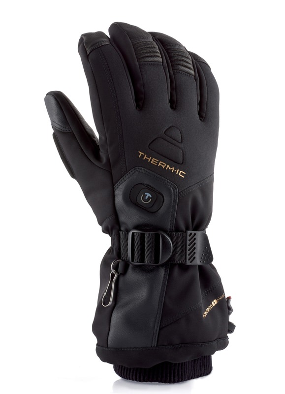 Schwarzer Therm-ic Heat Ultra Glove Men von der Seite, mit sichtbarem Logo, Knopf und Verschlussband.