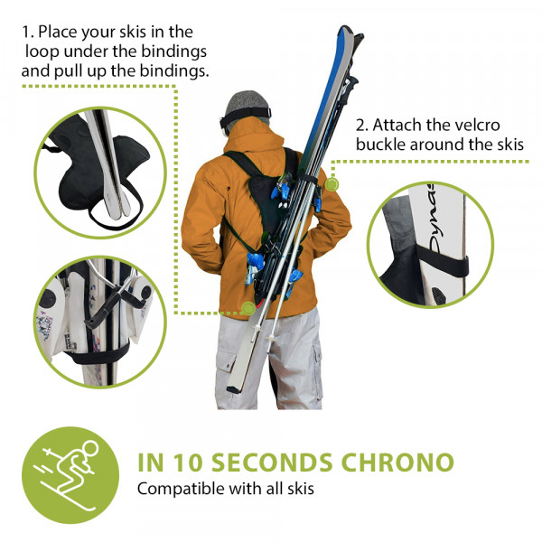 Skibefestigungssystem Grafik zeigt, wie Skier mit dem Skiback Cordura Light Rücken-Tragesystem in Schlaufen befestigt und mit Klettverschluss fixiert werden.