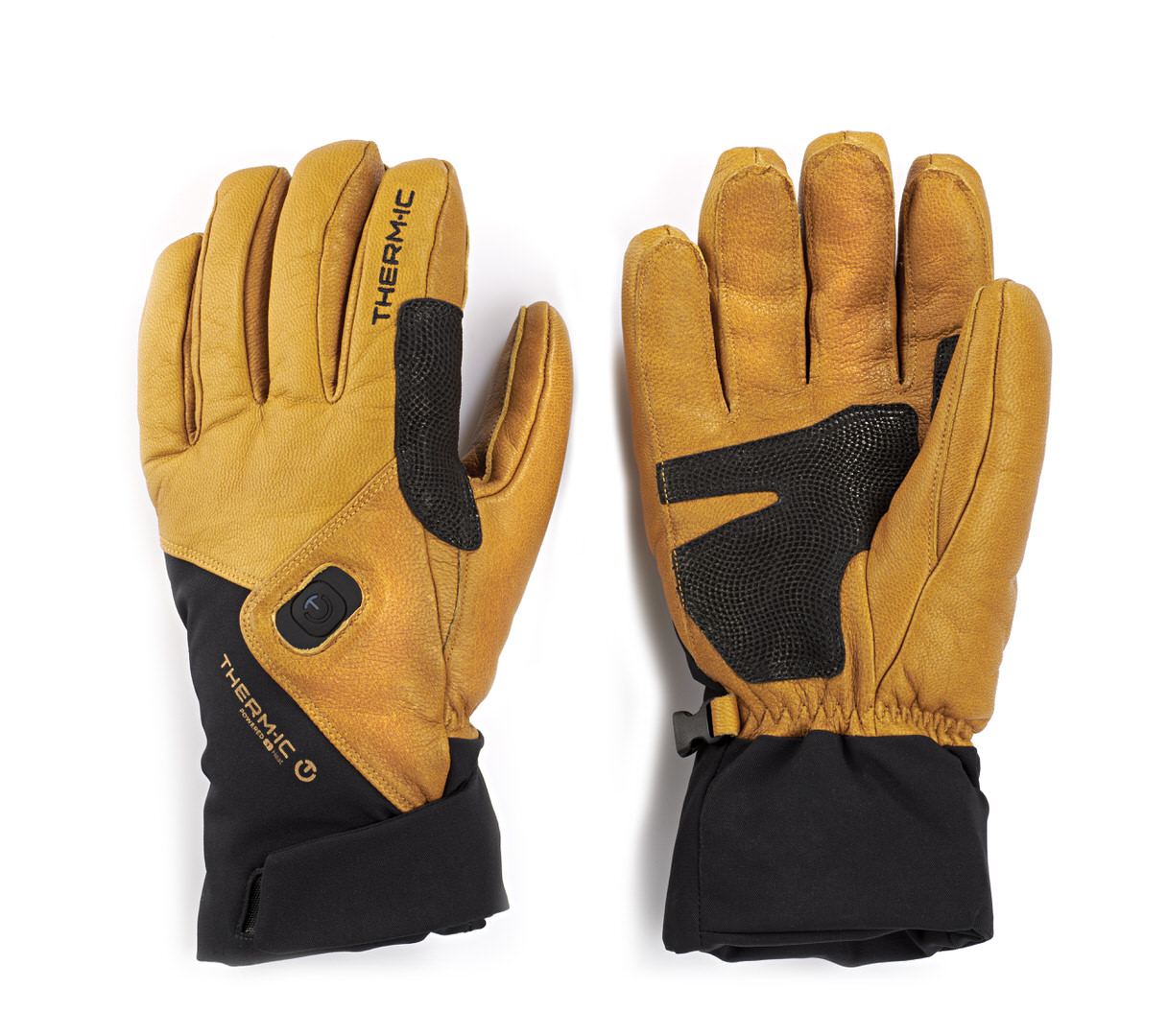Braune Freeride Handschuhe Zwei braune Therm-ic Freeride Ultra Heat Handschuhe mit schwarzer Manschette liegen nebeneinander.