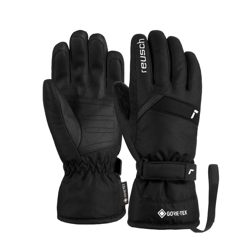 Schwarze Reusch Flash GORE-TEX JR Skihandschuhe, Handfläche Lederoptik, Handrücken Gore-Tex Logo und verstellbarer Riemen.