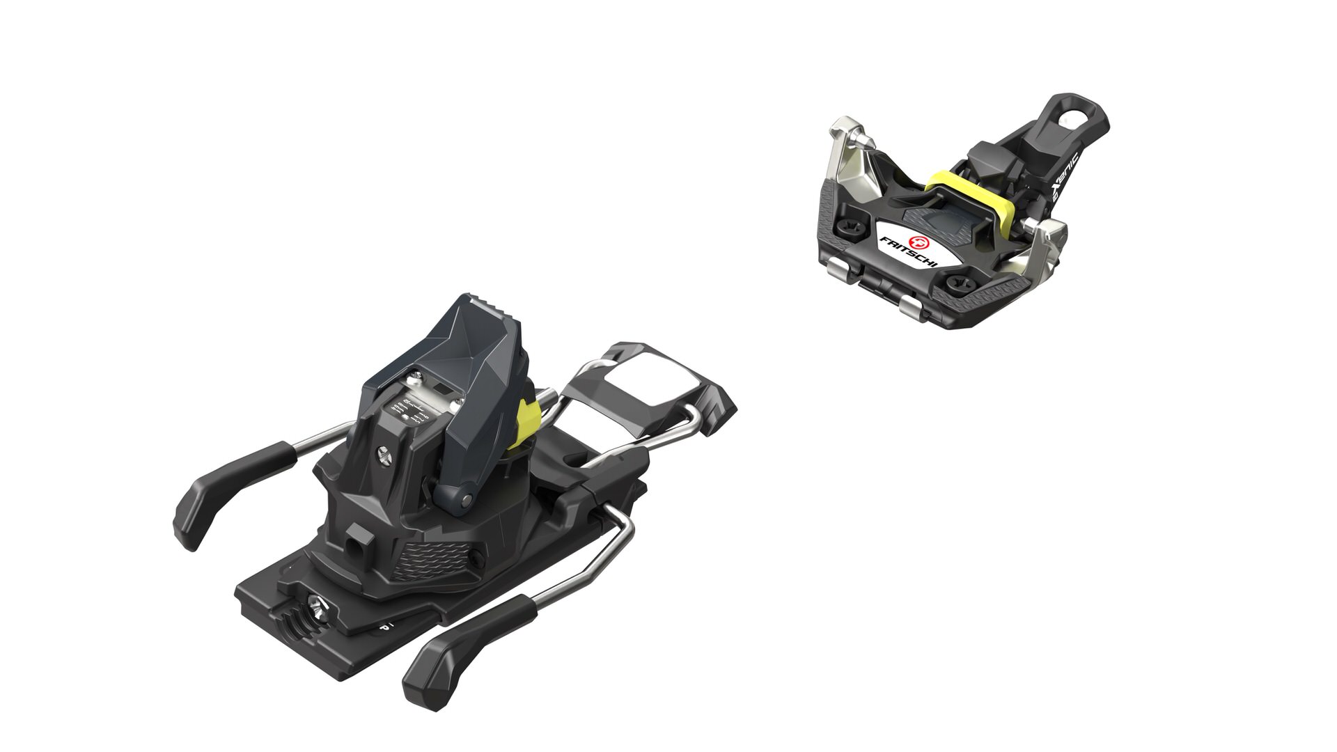 Fritschi Xenic 10 Bindungen Zwei Fritschi Xenic 10 Tourenbindungen in Schwarz und Gelb, separat auf weißem Hintergrund platziert.
