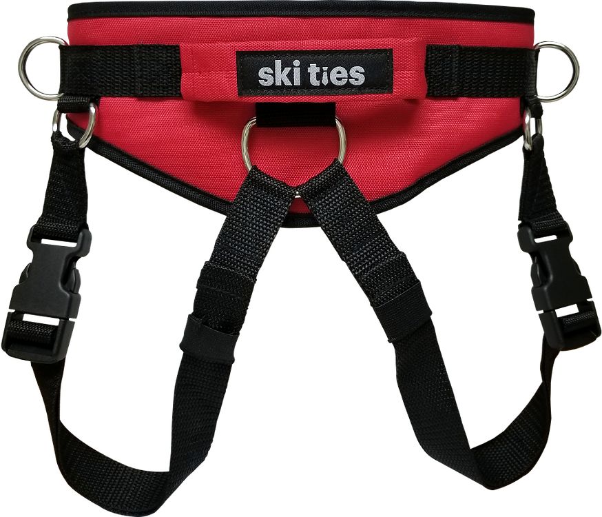 Roter Kinder Ski-Ties Gurt mit Beingurten und Schnallen für sicheres Skifahren lernen.