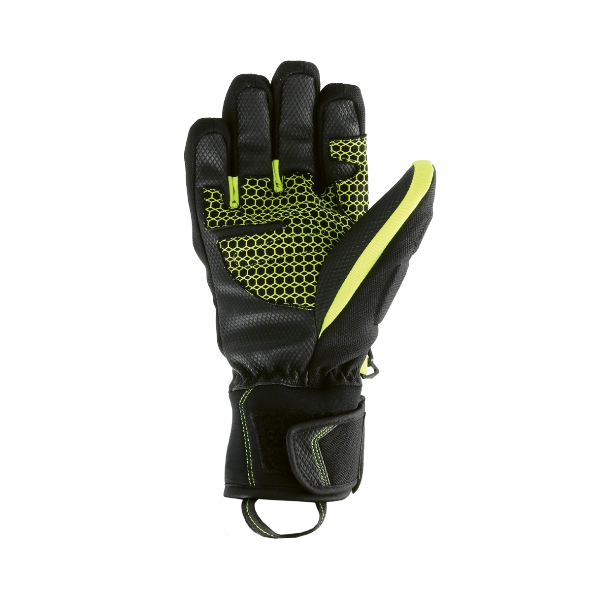 Eine schwarze Handschuhe mit neon-gelben Akzenten, die nach oben zeigt und die Handfläche präsentiert.