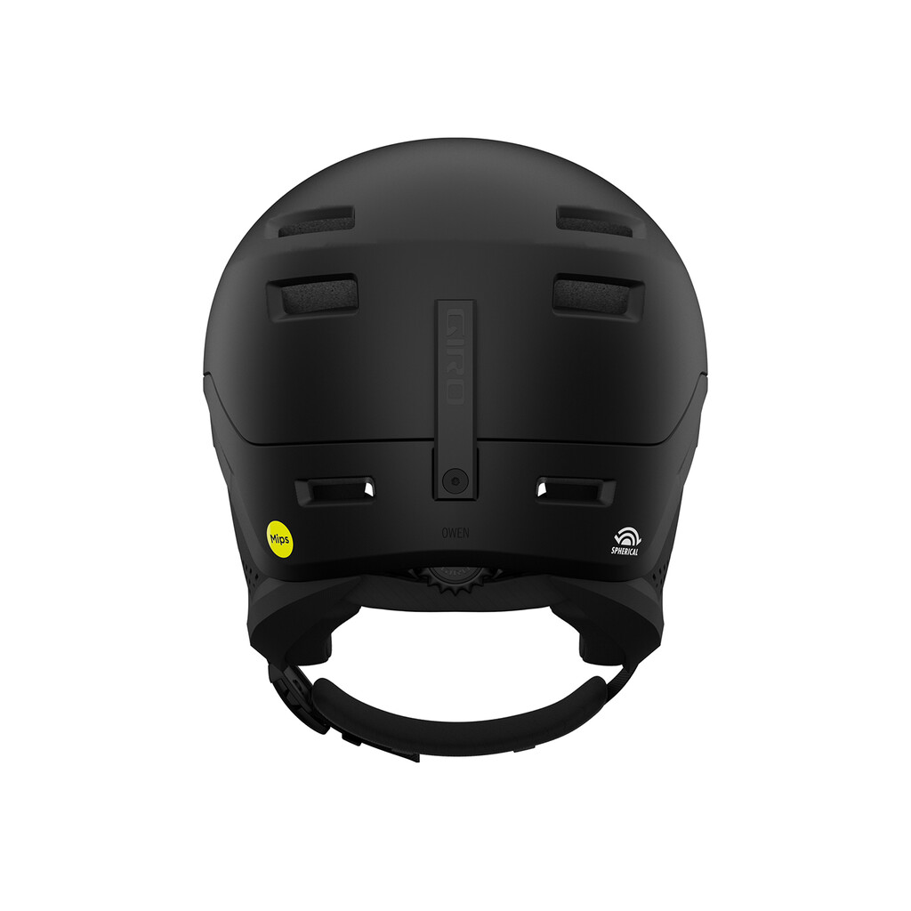 Schwarzer Skihelm mit MIPS Schwarzer Giro Owen Skihelm mit MIPS und Spherical Technologie von hinten. Details wie Belüftungsschlitze sind sichtbar.