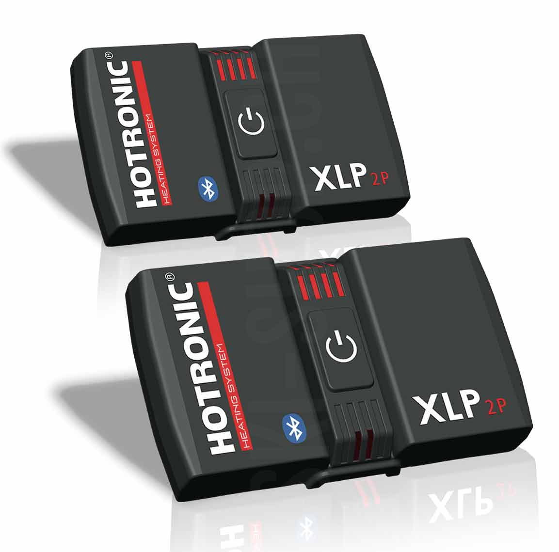 Zwei schwarze Hotronic XLP 2P BT Akkus mit Schalter, Bluetooth-Symbol und rotem Schriftzug.