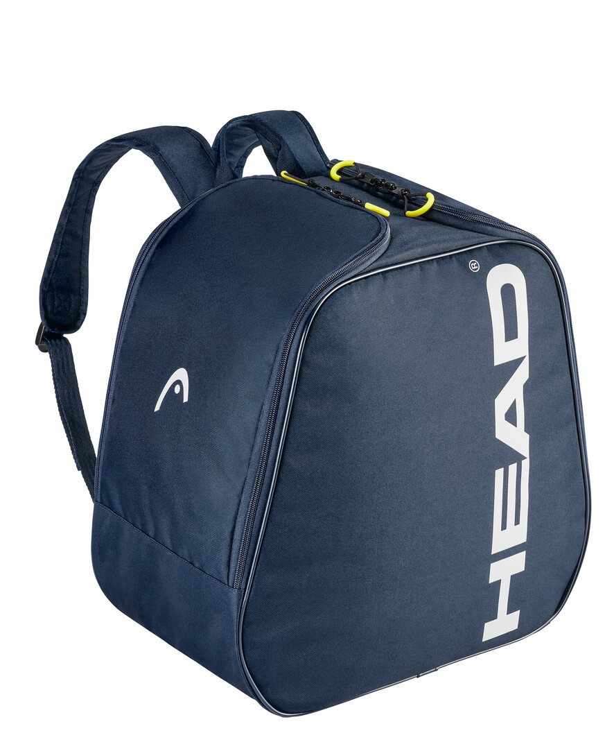 Blauer Head Skischuh Rucksack mit Trägern, Reißverschlüssen und großem, weißem Logo.