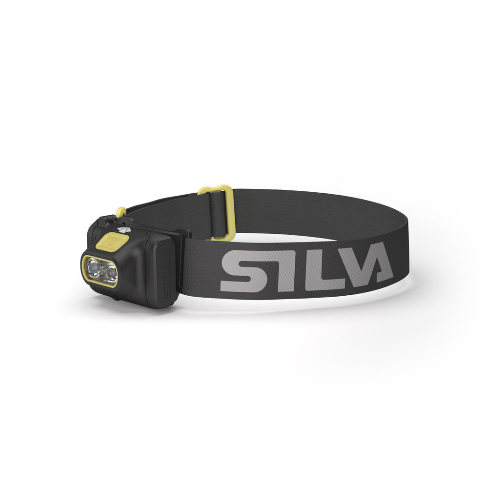 Nahaufnahme der Stirnlampe Silva Scout 3, mit schwarzem Stirnband und gelben Akzenten, Frontansicht.