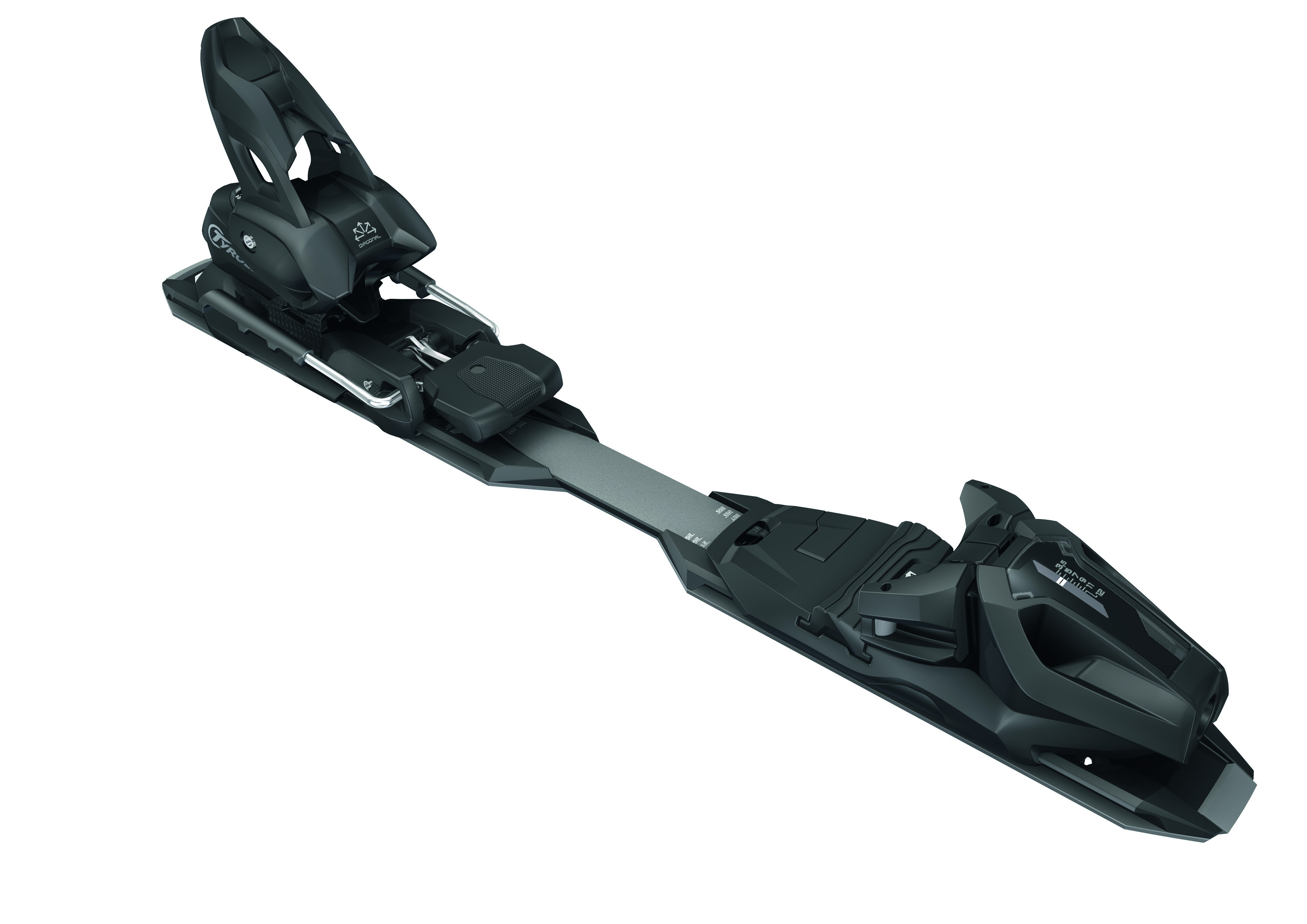 Schwarze Ski-Bindung Kessler Schwarze Ski-Bindung für Kessler Pandora Ski, seitliche Ansicht mit sichtbaren Einstellmechanismen.