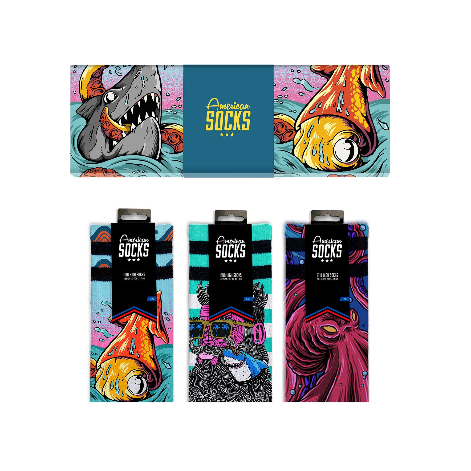 Coffret cadeau Seacreatures : Trois paires de chaussettes avec des motifs de requin, de poisson et de pieuvre dans un emballage cadeau.