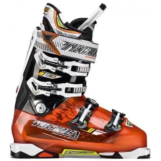 Ein oranger, schwarzer und weisser Tecnica Demon 130 Skischuh im Profil.