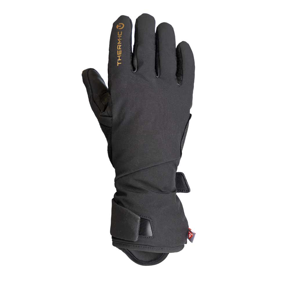 Schwarzer Therm-ic Ultra Grip Heat Glove, Handflche nach oben zeigend, Handgelenkverschluss sichtbar.