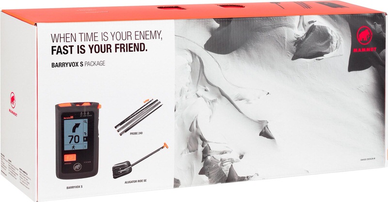 Verpackung des Barryvox S Package LVS Set mit Barryvox S, Sonde Probe 240, Schaufel Alugator Ride und Schneelandschaft.