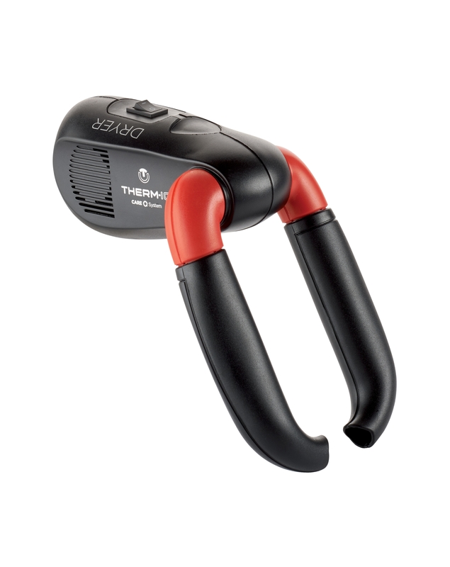 Schwarzer Therm-ic Dryer Schuhtrockner mit roten Verbindungsstücken, Rohre nach unten gebogen.