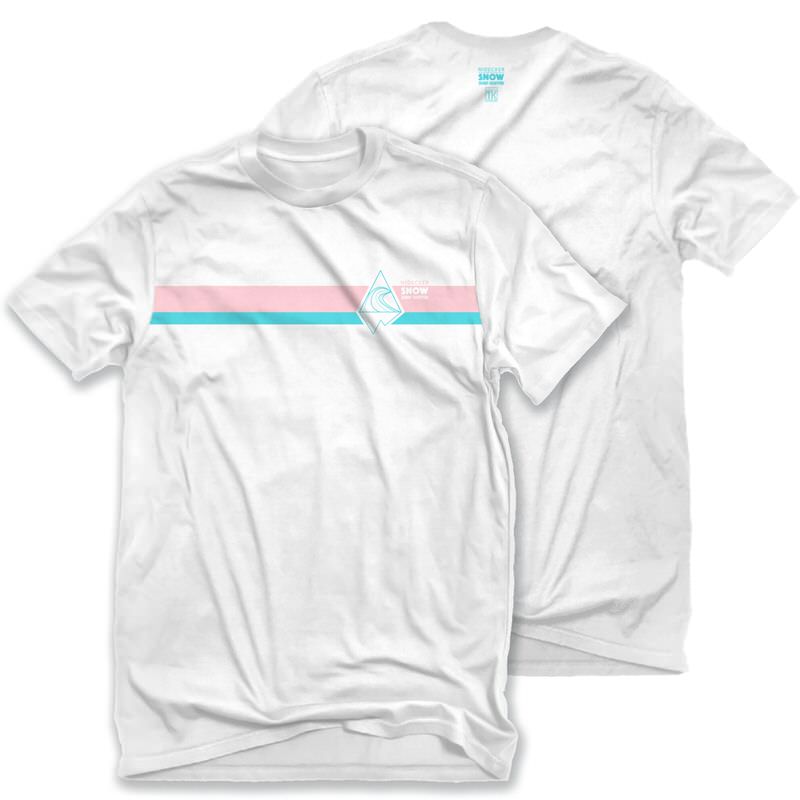 Weißes Nidecker Snowsurf T-Shirt mit rosa und türkisen Streifen und Logo.