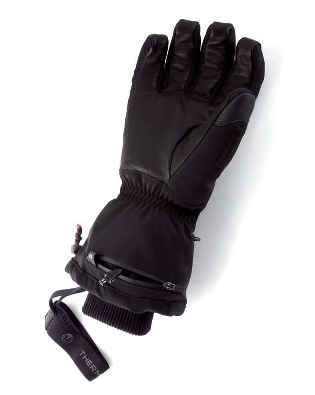 Schwarze Therm-ic Handschuhe Ein einzelner, schwarzer Therm-ic Heat Ultra Glove Men, mit Leder an der Handfläche und einer Tasche am Handgelenk.